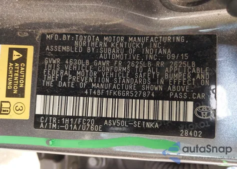 2016 Toyota Camry Le z USA, uszkodzony, nr VIN 4T4BF1FK6GR527874